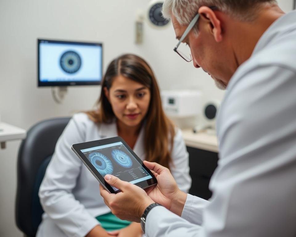 Person reading about iris medical term on digital device with eye care professional