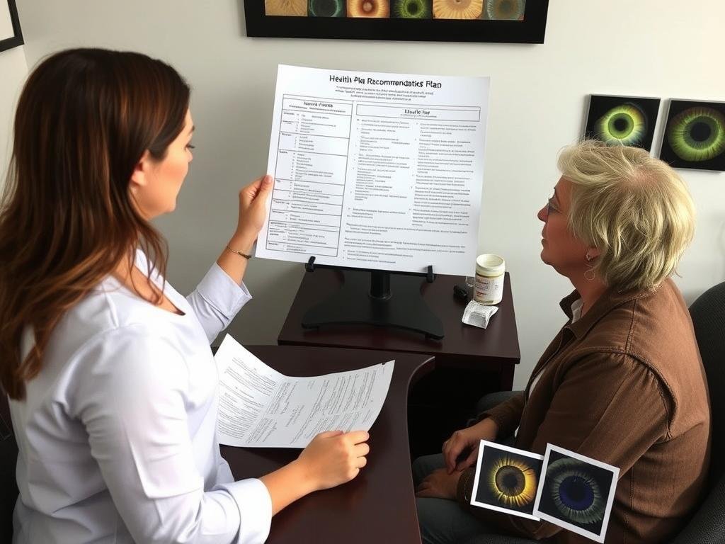 Person receiving personalized health recommendations from an iridologist based on iris analysis