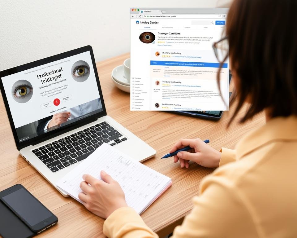 Person researching and comparing credentials of different iridologist doctors online