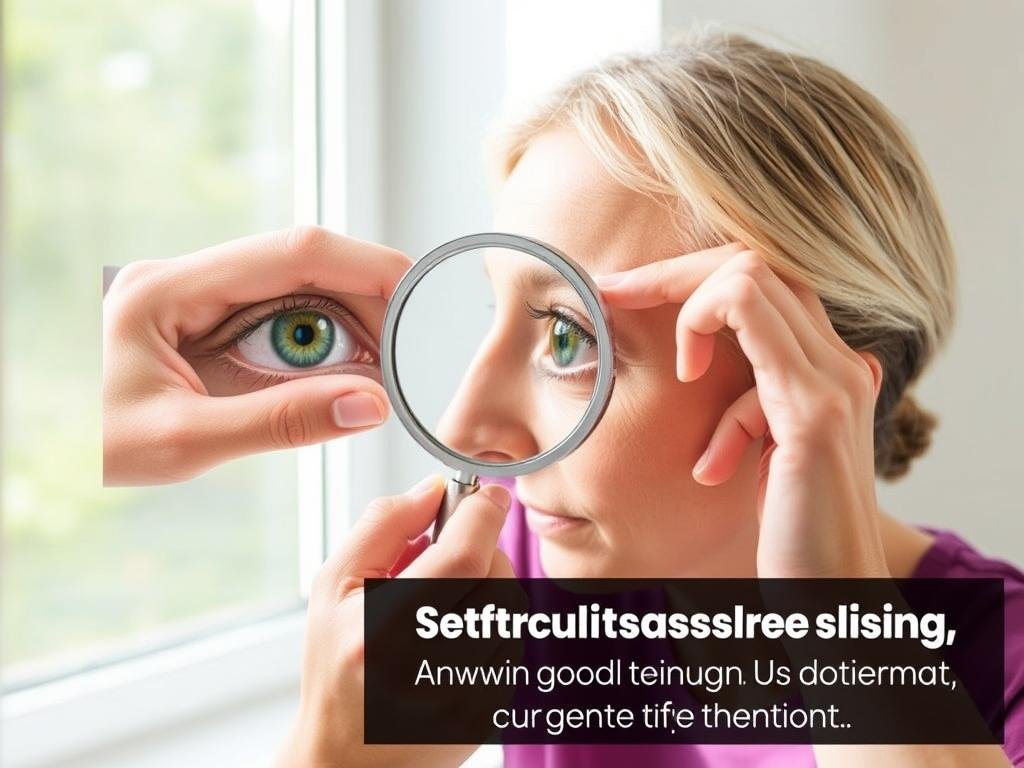 Person safely examining their left iris using a magnifying mirror with proper lighting