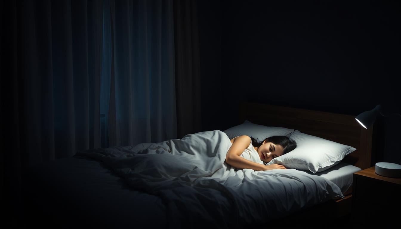 Person sleeping peacefully in a dark room with proper sleep hygiene elements visible