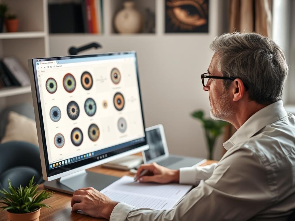 Person studying iridology online with digital iris charts and course materials on computer