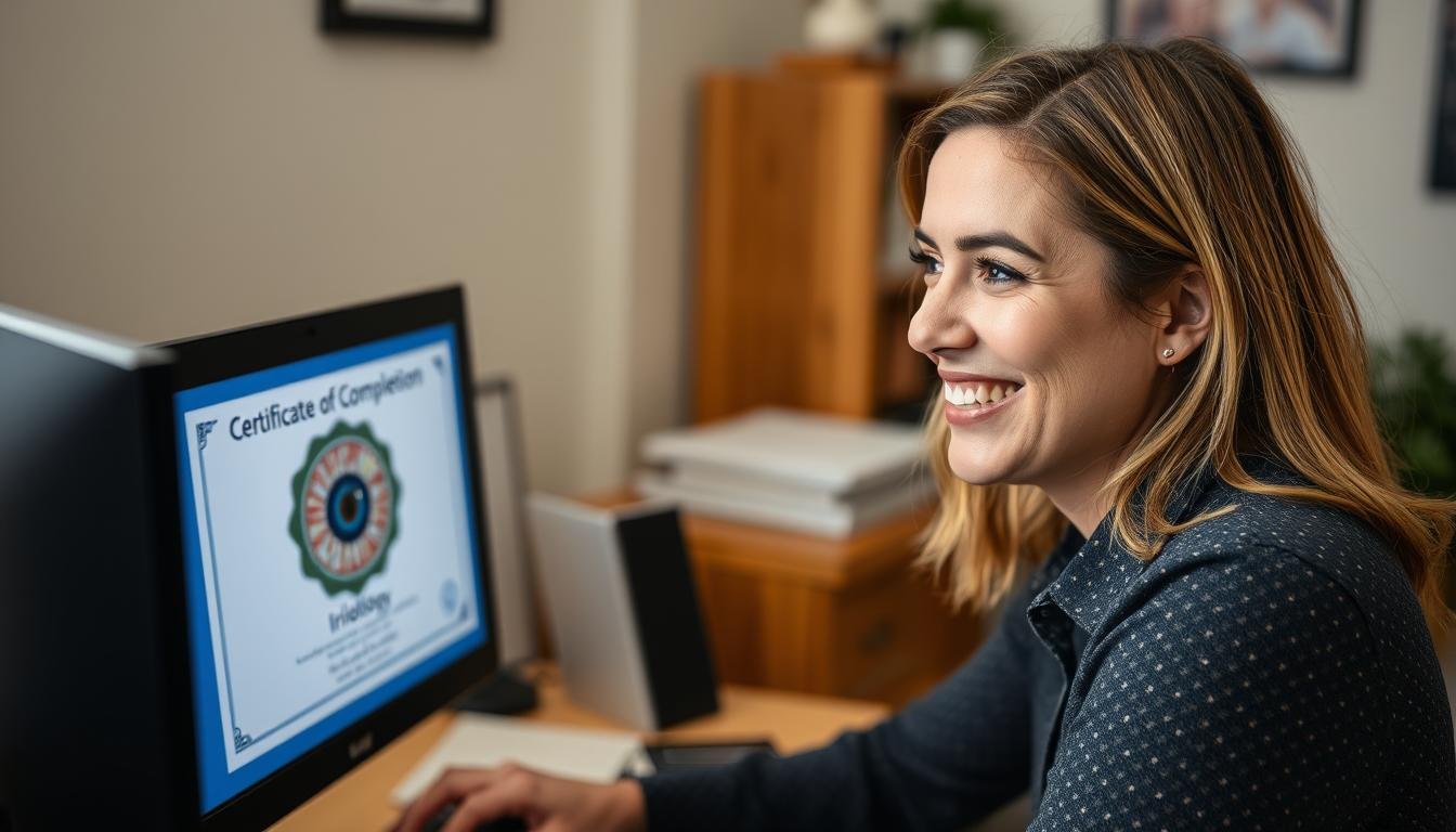Person successfully completing a free iridology course online and receiving digital certificate