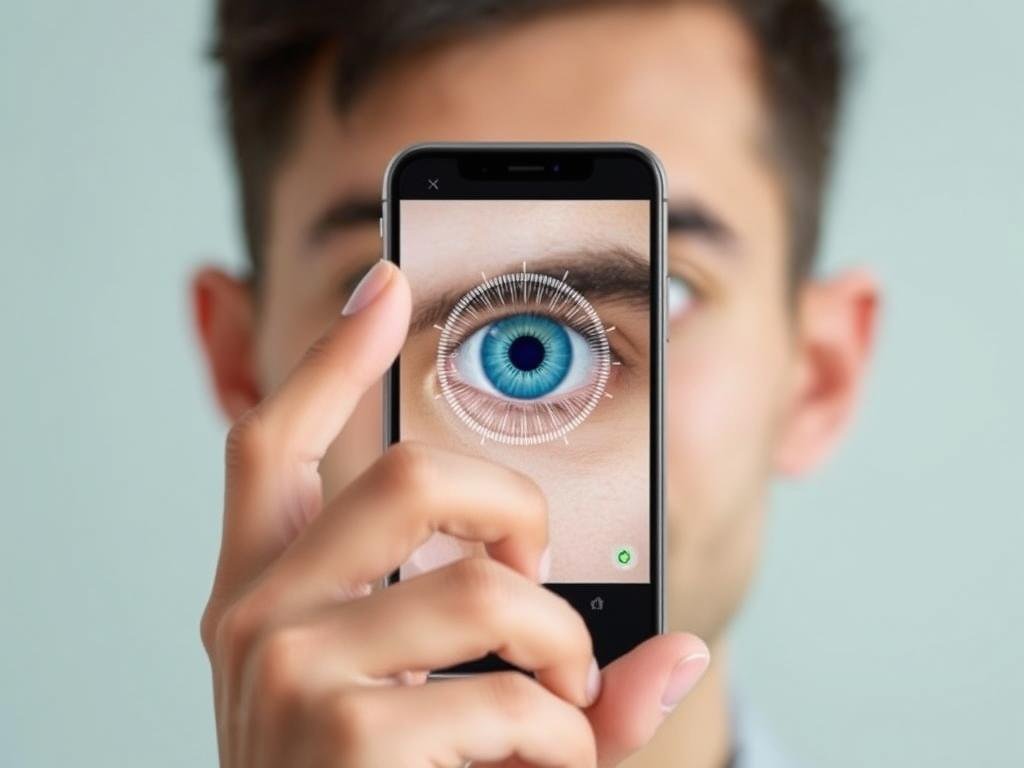 Person using iris recognition technology on a smartphone for authentication