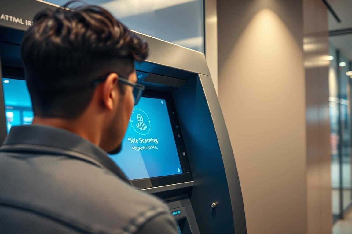 Person using iris scanner at ATM for financial transaction