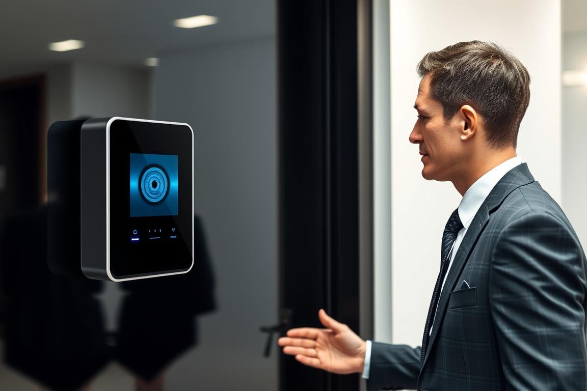 Person using iris scanner for secure building access