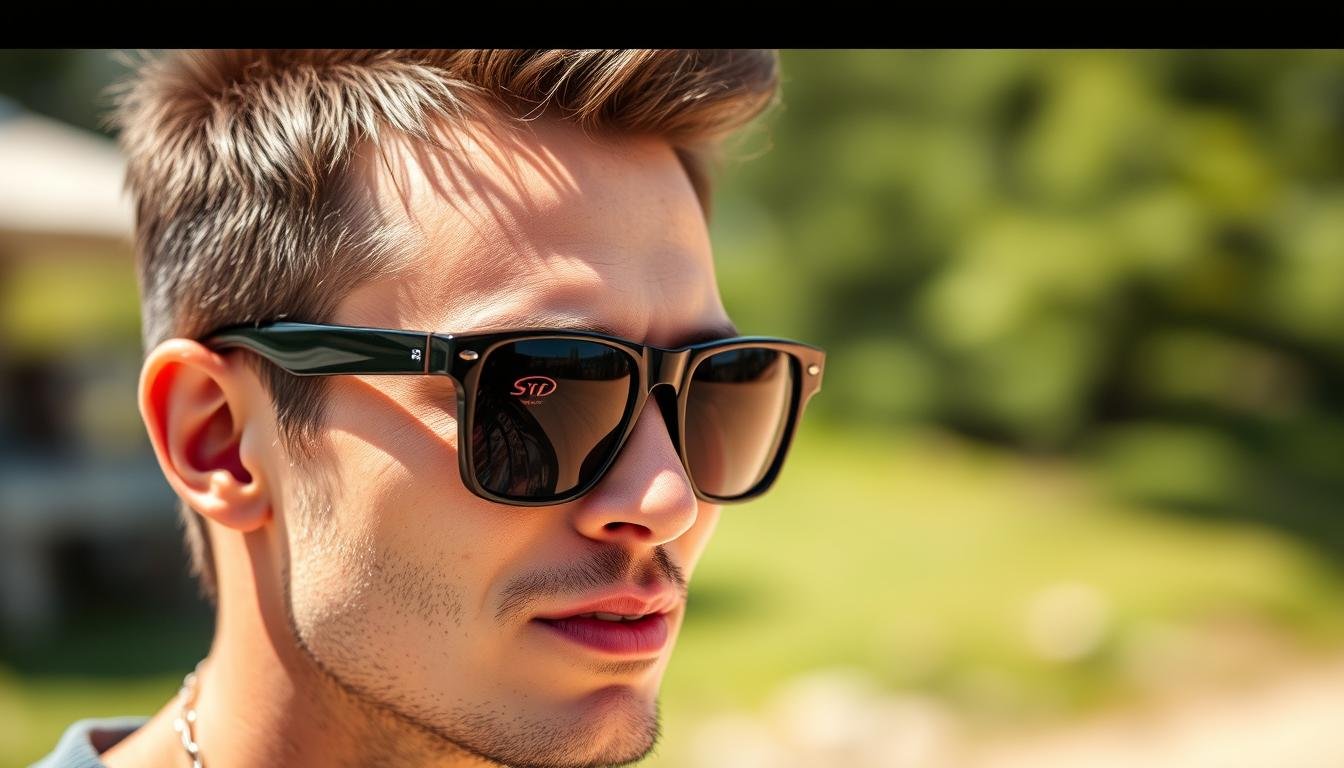 Person wearing UV-protective sunglasses outdoors for eye health protection related to iridology and eye health