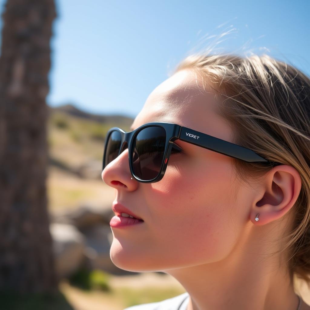 Person wearing UV-protective sunglasses outdoors