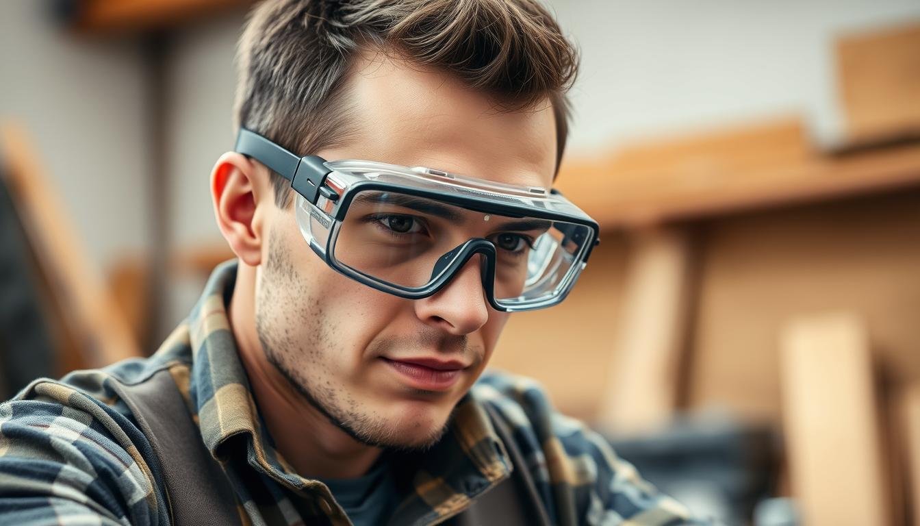 Person wearing protective eyewear during a high-risk activity to prevent eye injuries Person wearing protective eyewear during a high-risk activity to prevent eye injuries