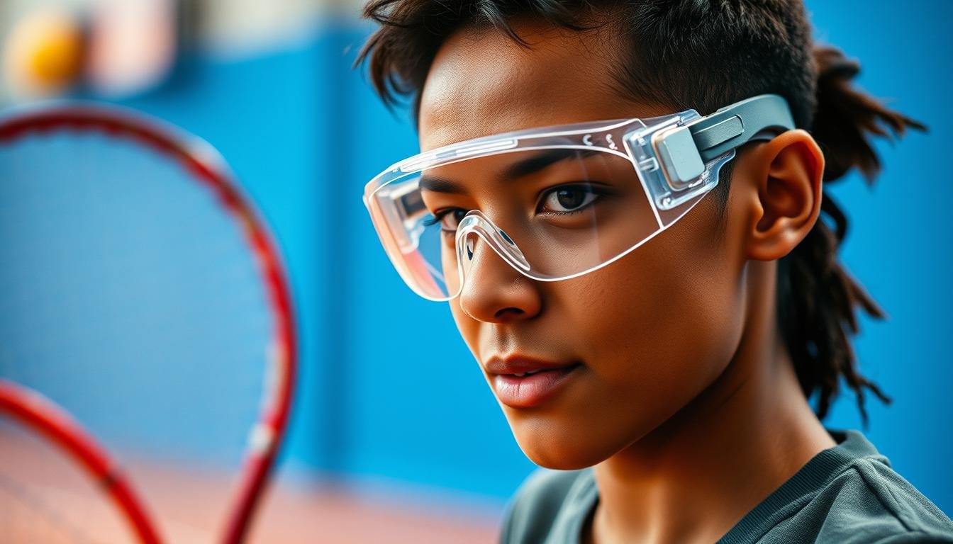 Person wearing protective eyewear during sports to prevent iris trauma