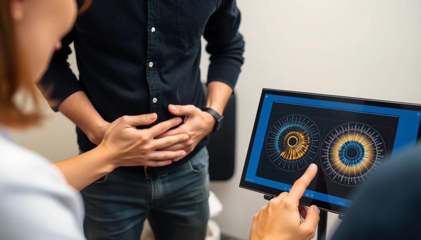 Person with digestive issues consulting with a holistic iridologist