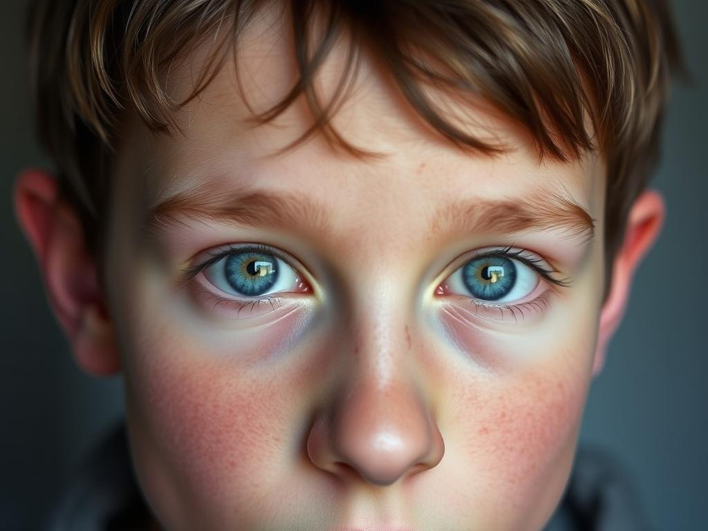 Portrait showing the distinctive features of Waardenburg syndrome including pale blue eyes