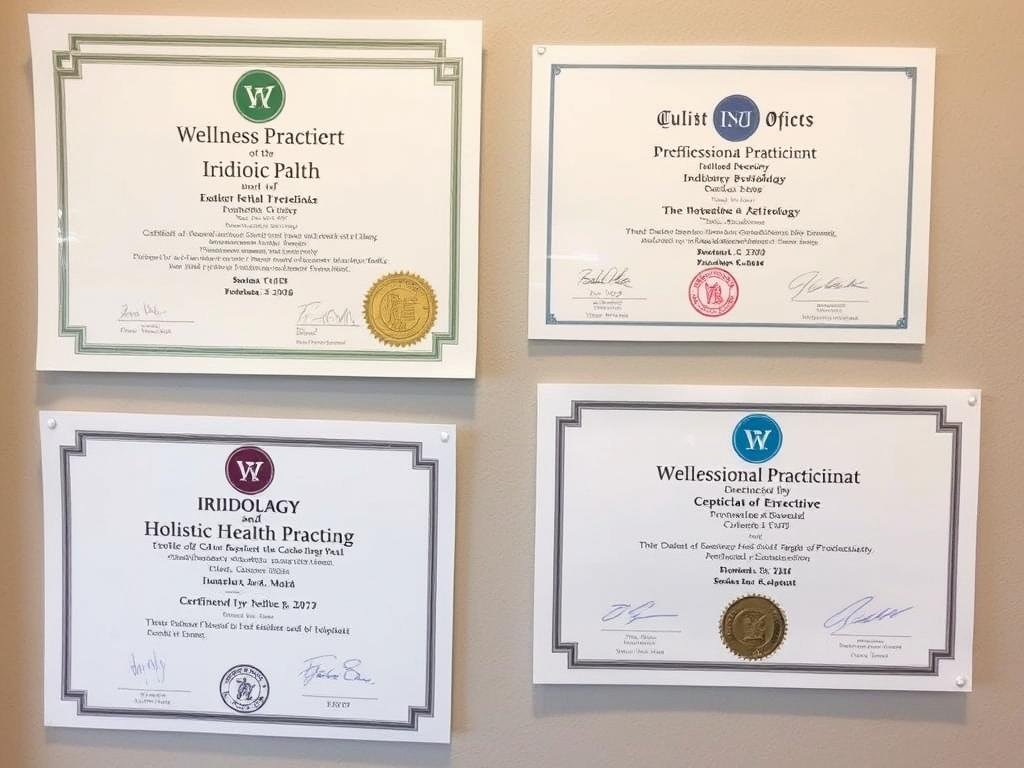 Professional certification of a holistic iridologist displayed in an office