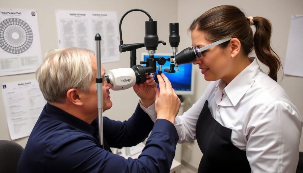 Professional iridologist demonstrating proper iris examination techniques Professional iridologist demonstrating proper iris examination techniques