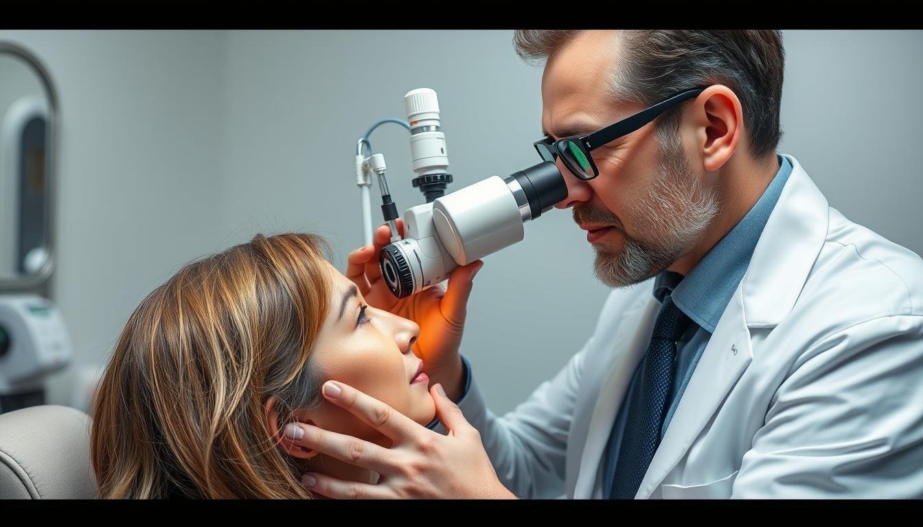 Professional iridologist examining a client's left eye with specialized equipment
