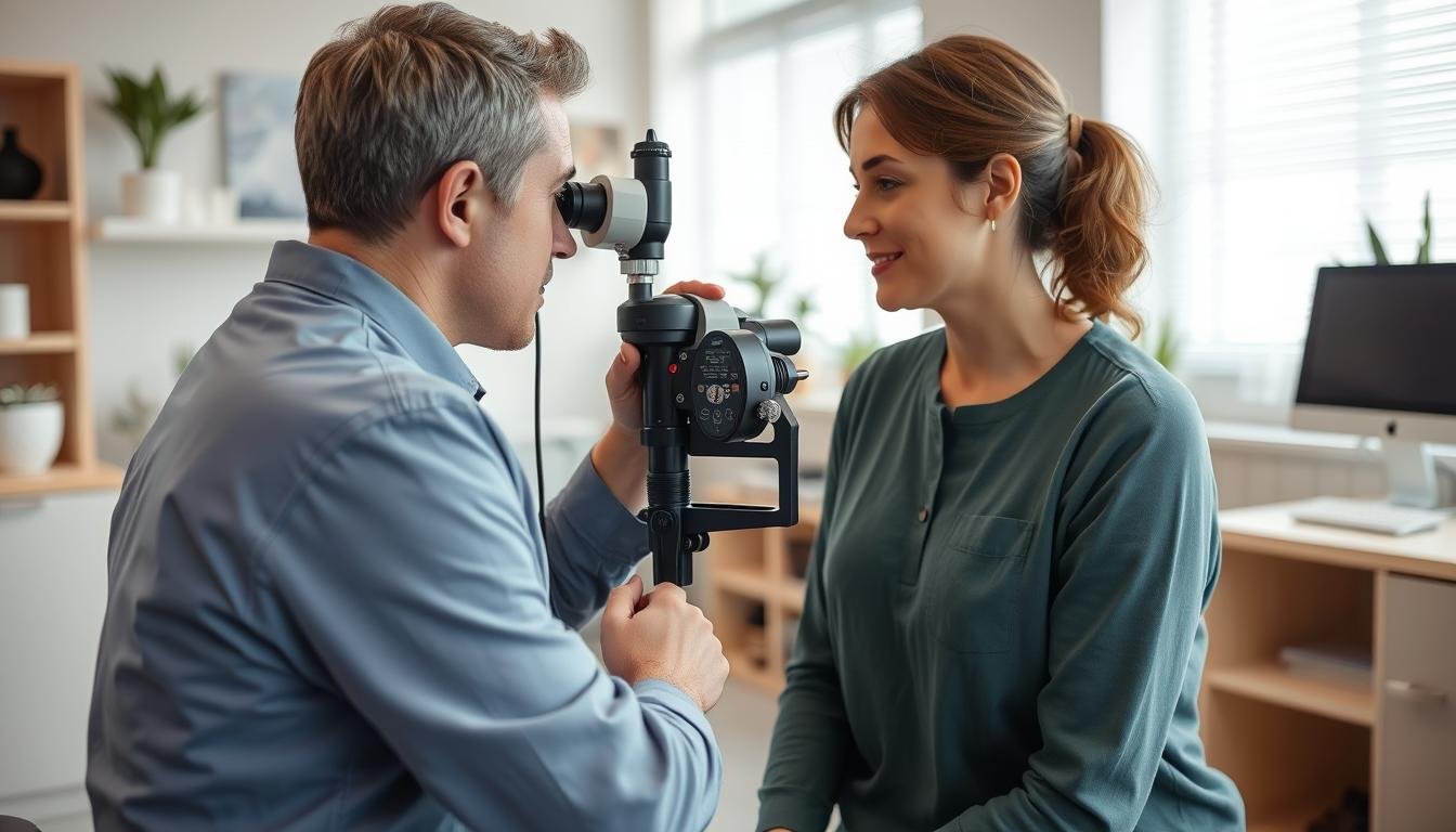 Professional iridologist working with client in a holistic health clinic in Canada
