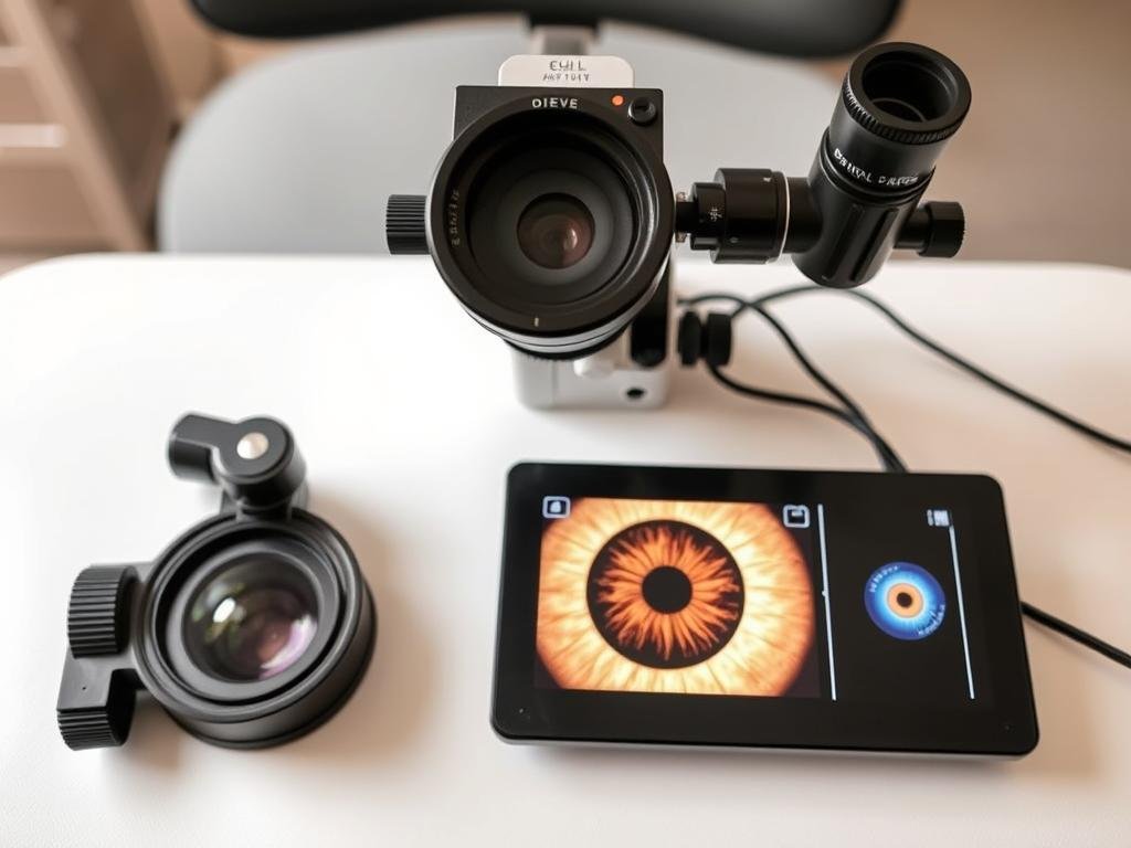 Professional iridology examination equipment including magnification lens and proper lighting Professional iridology examination equipment including magnification lens and proper lighting