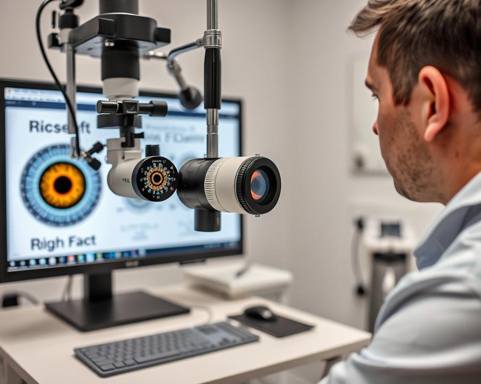 Professional iridology examination setup with camera and iridology eye chart right eye reference materials