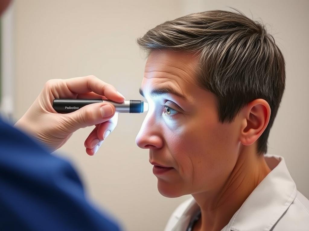 Pupillary light reflex test examining iris (medical term) function for neurological assessment Pupillary light reflex test examining iris (medical term) function for neurological assessment