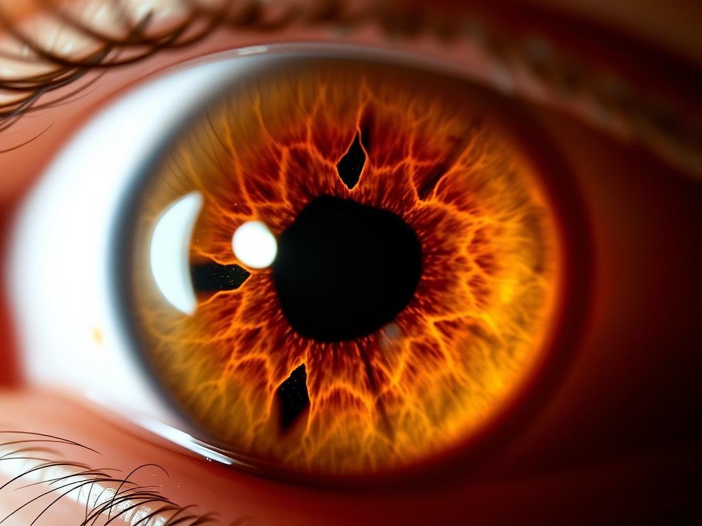 Right eye iris showing markings in the digestive zone used in iridology chart analysis