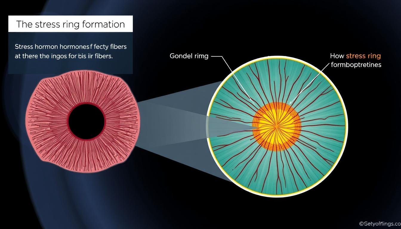 Scientific illustration showing the physiological process of stress ring formation in the iris
