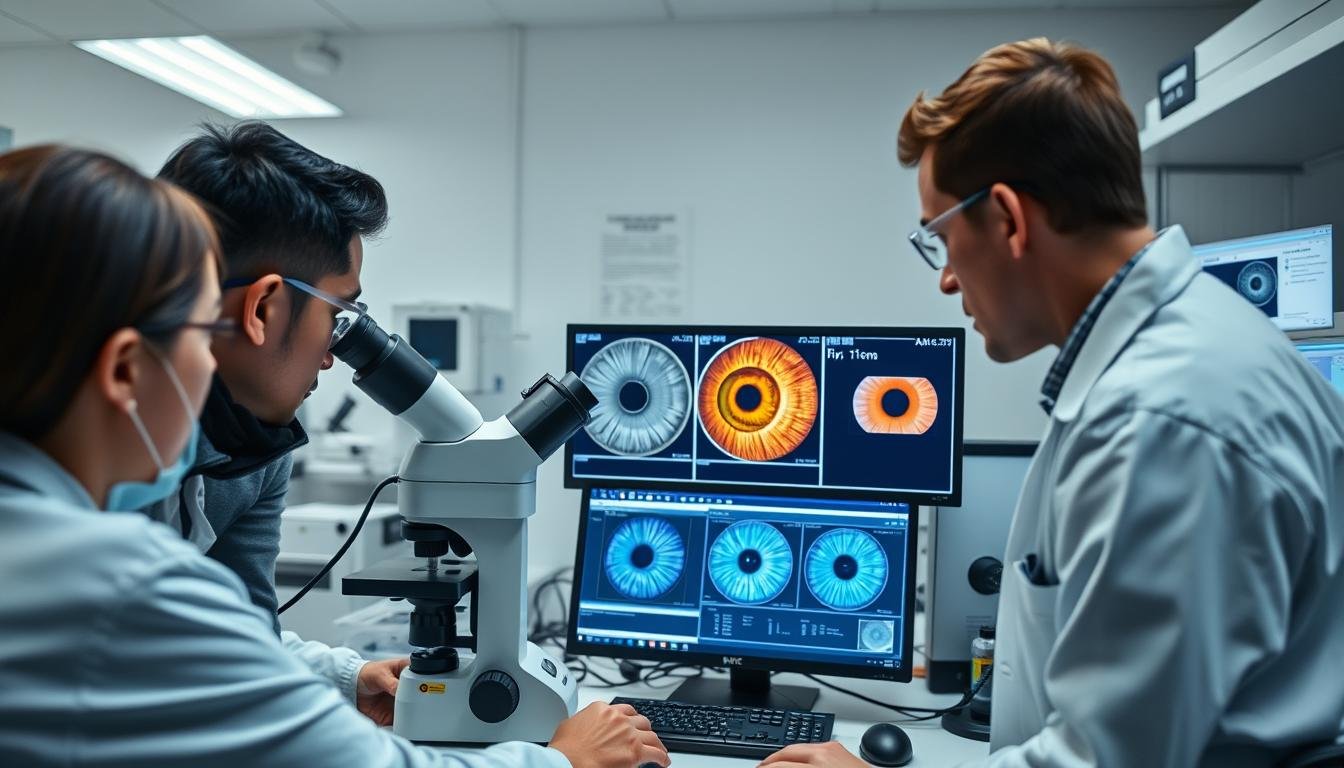 Scientific research being conducted on iridology claims in a laboratory setting