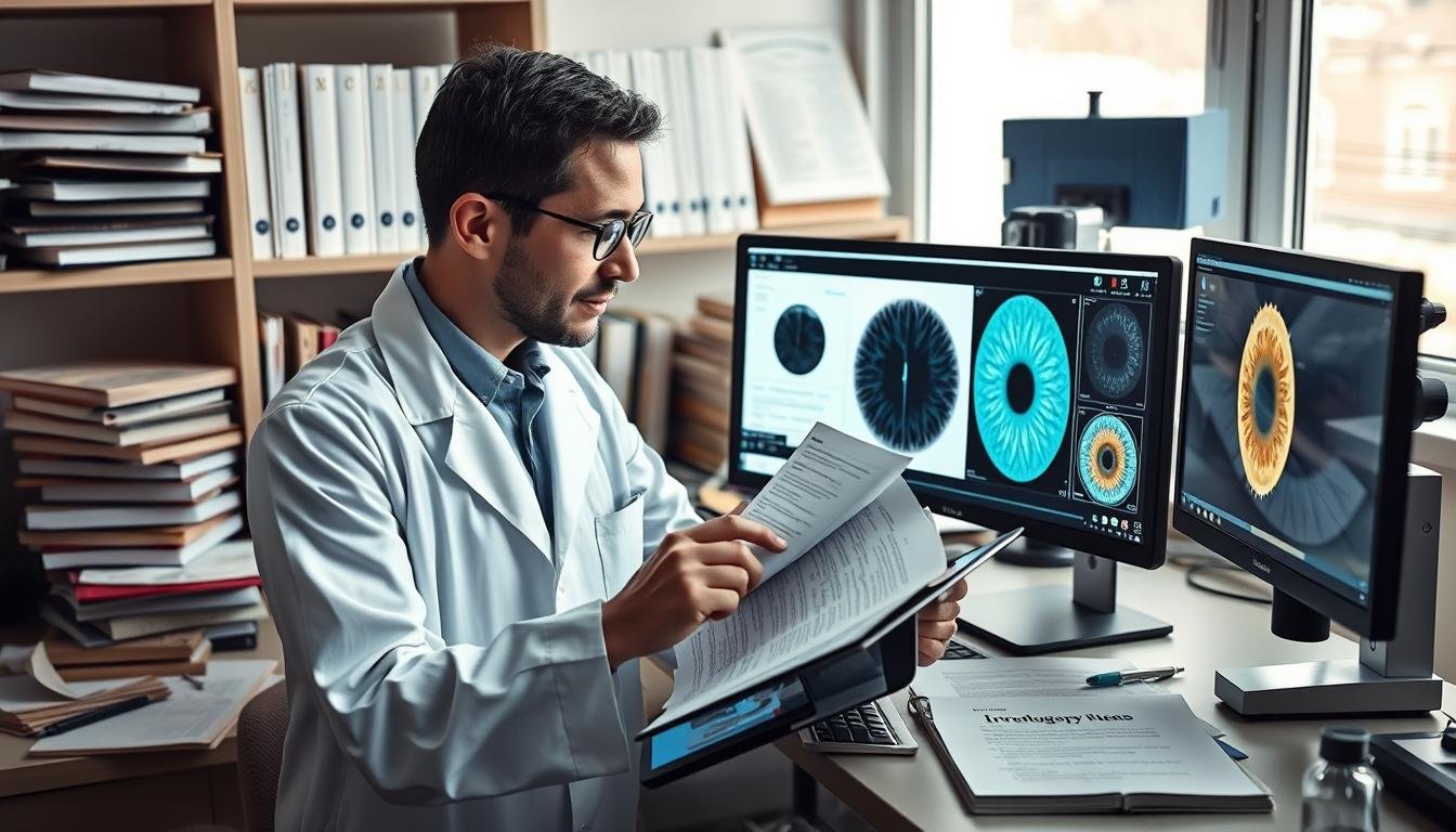 Scientific researcher examining iridology research papers and iris photographs