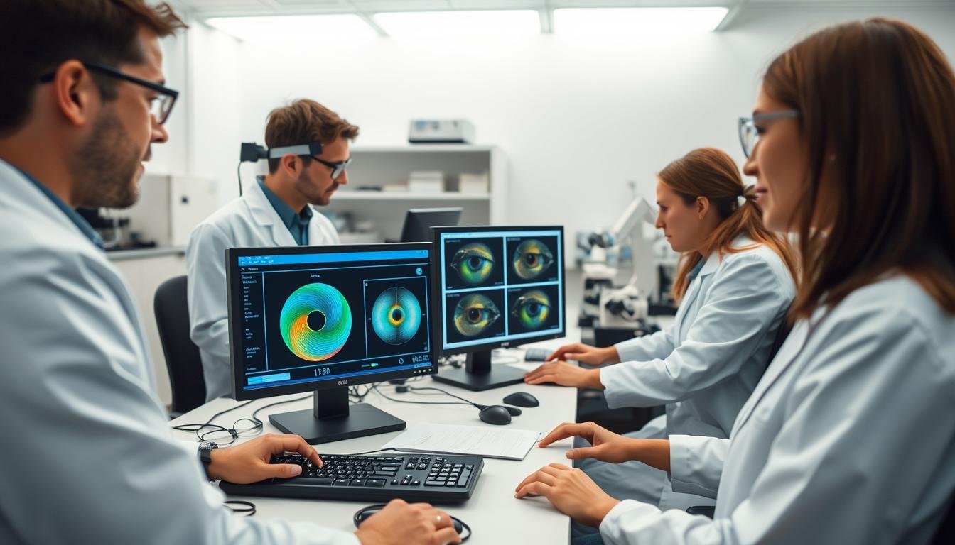 Scientists conducting eye reading research in a laboratory setting Scientists conducting eye reading research in a laboratory setting