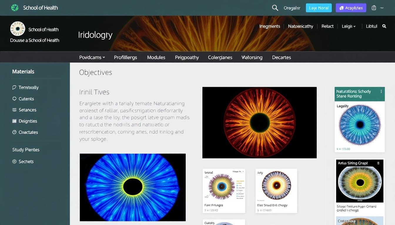 Screenshot of School of Health's iridology unit showing course materials and structure