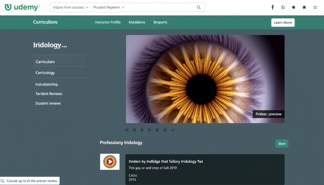 Screenshot of Udemy's free introductory iridology course showing curriculum