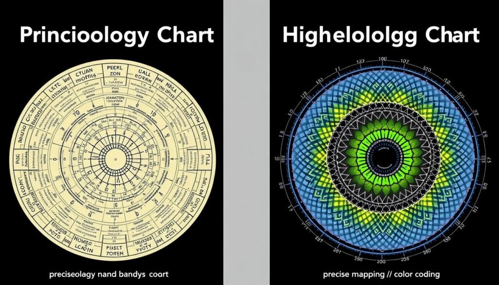Side-by-side comparison of a traditional hand-drawn iridology chart and a modern digital version Side-by-side comparison of a traditional hand-drawn iridology chart and a modern digital version