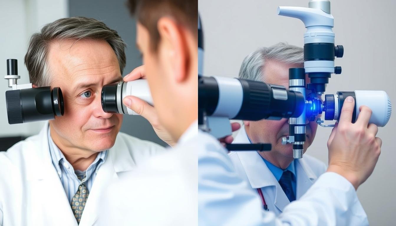 Split image comparing iridology examination and conventional eye exam