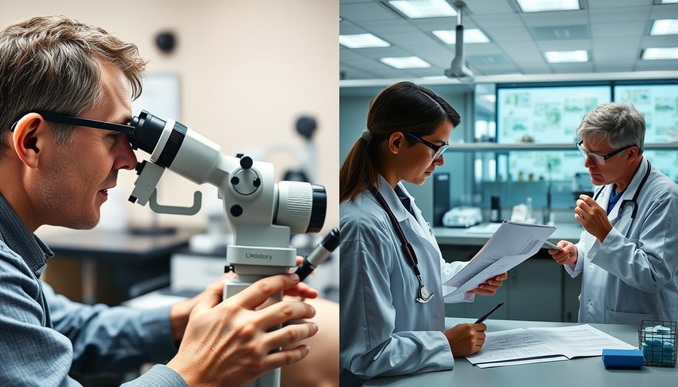 Split image showing an iridologist examining an iris and scientific researchers reviewing iridology studies