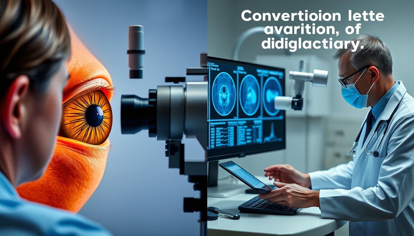 Split image showing iridology examination compared to conventional medical testing