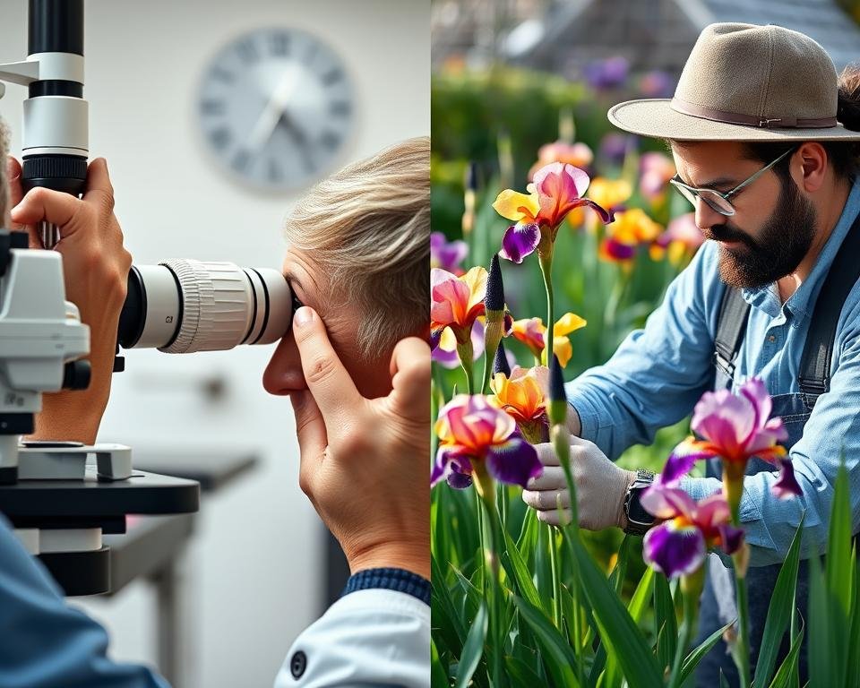 Split image showing medical iris examination and garden iris care