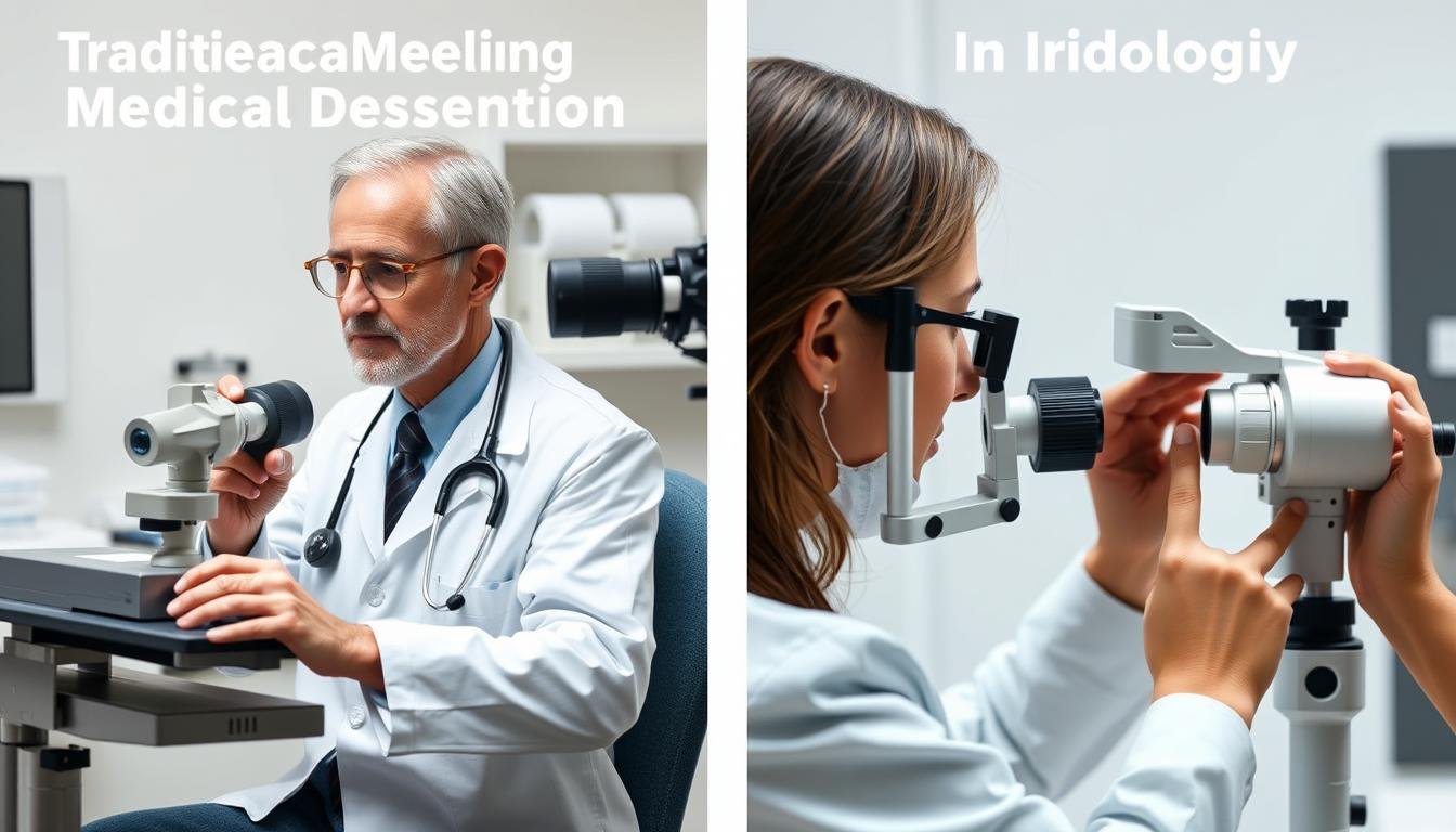 Split image showing traditional medical examination and iridology assessment side by side