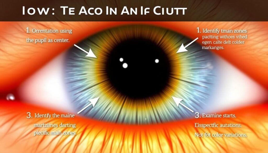 Step-by-step visual guide showing how to read different sections of an iridology chart Step-by-step visual guide showing how to read different sections of an iridology chart