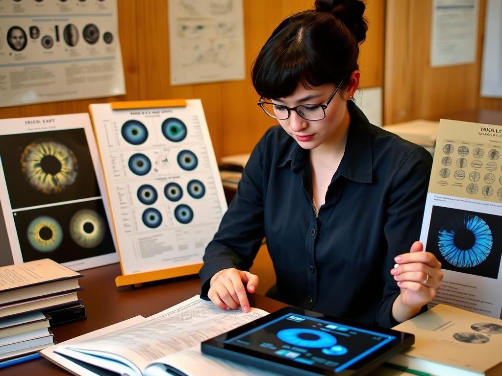 Student studying iridology charts and eye photographs for iridology certification Canada