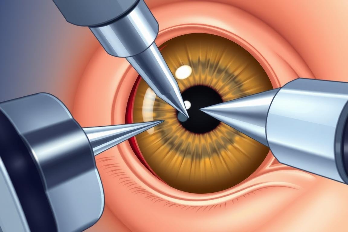 Surgical procedure being performed on an iris with specialized microsurgical instruments Surgical procedure being performed on an iris with specialized microsurgical instruments