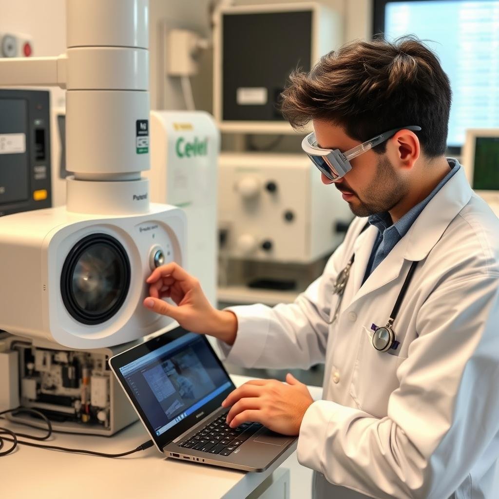 Technical specialist calibrating a Medical Iris scanning system