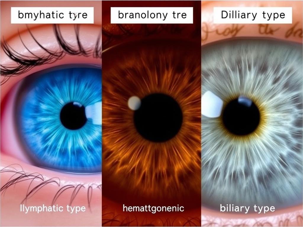 Three different iris constitutional types shown side by side with their characteristics Three different iris constitutional types shown side by side with their characteristics