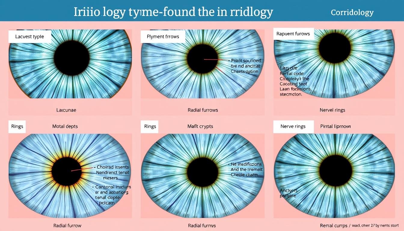 Various iris markings and their meanings in iridology map left eye analysis