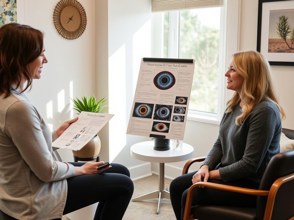 Wellness coaching session incorporating iridology insights for personalized health recommendations