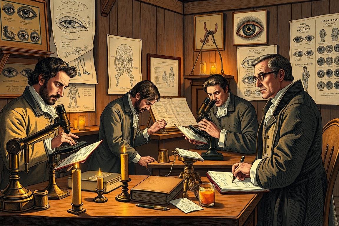 18th century scientists using early microscopes to examine eye structures in the scientific study of eyes