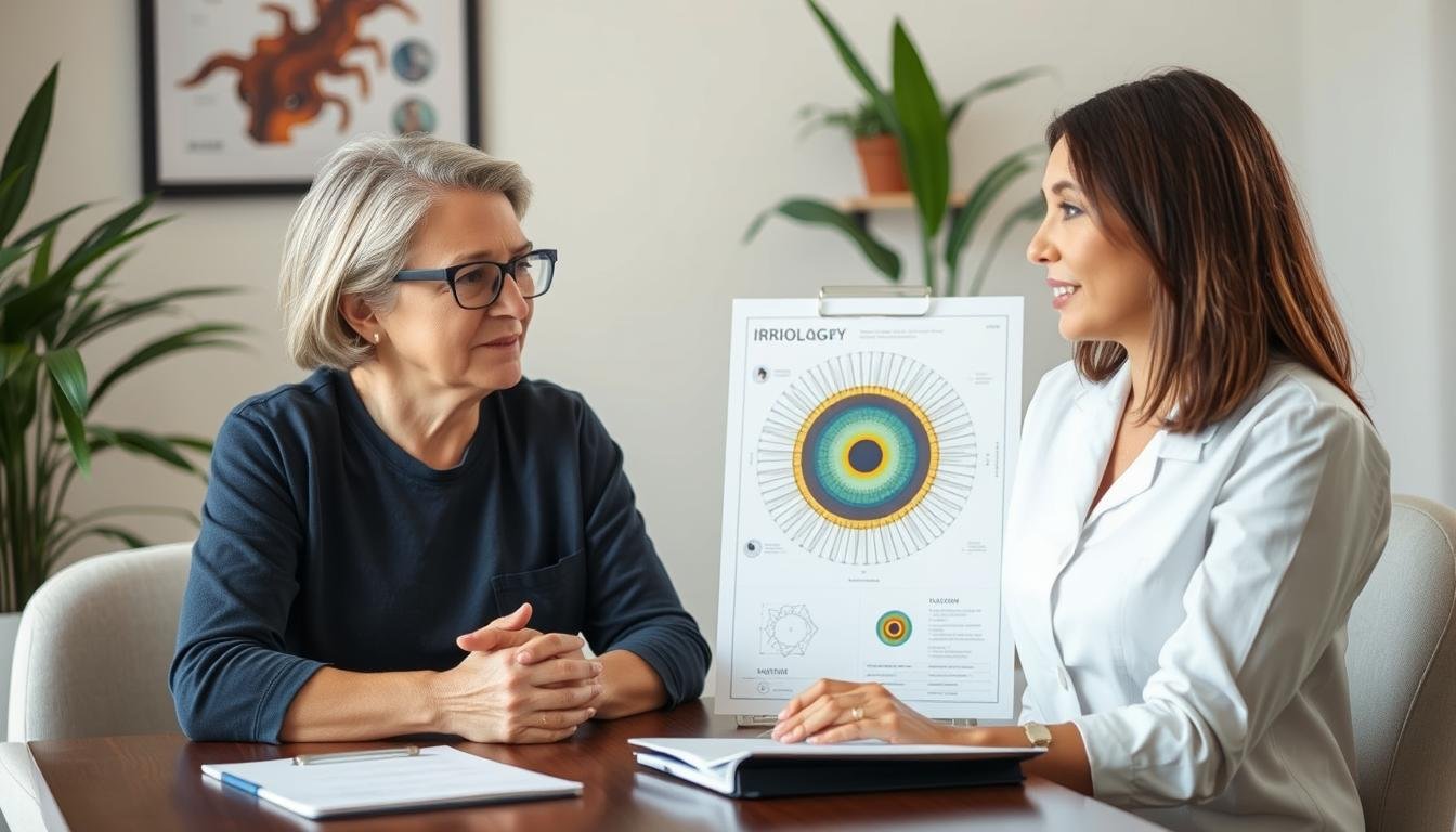 A person consulting with a health practitioner while referencing an iridology chart