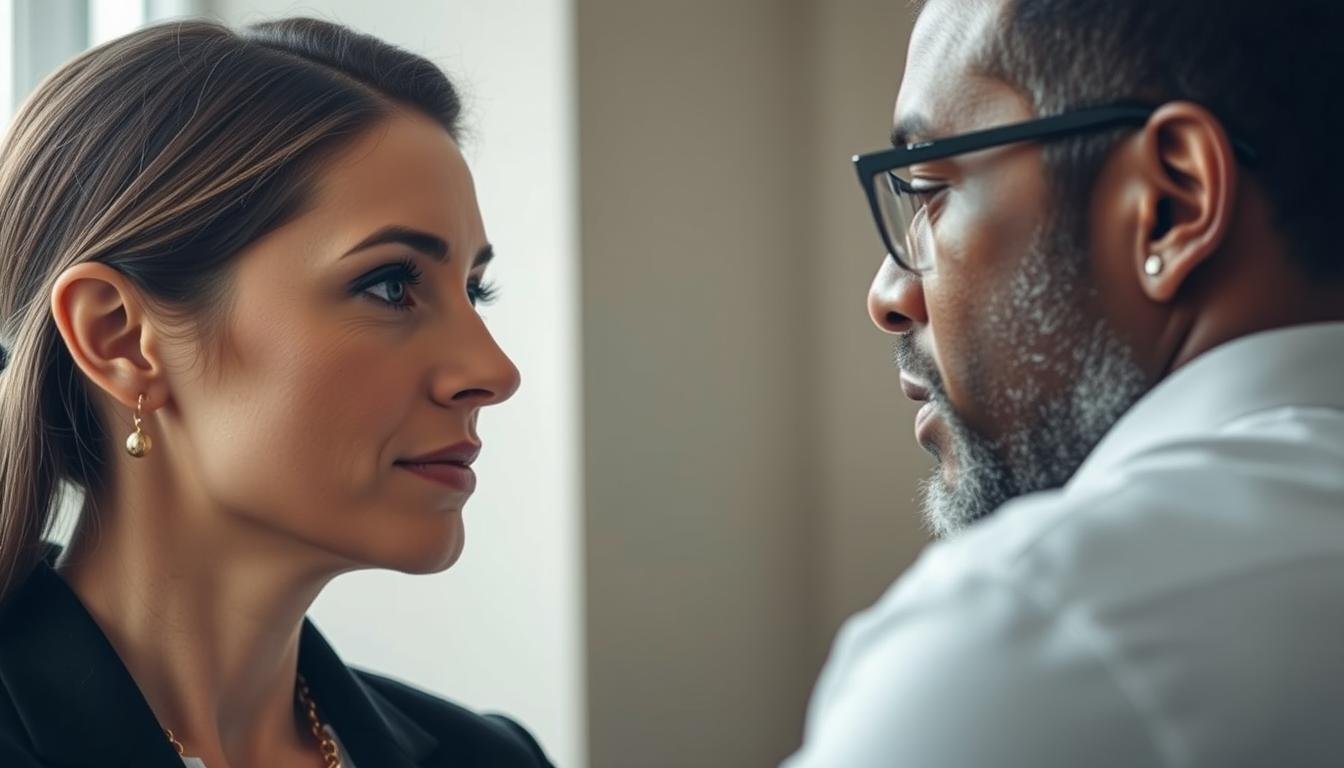 A person demonstrating eye reading techniques by analyzing another person's eye movements