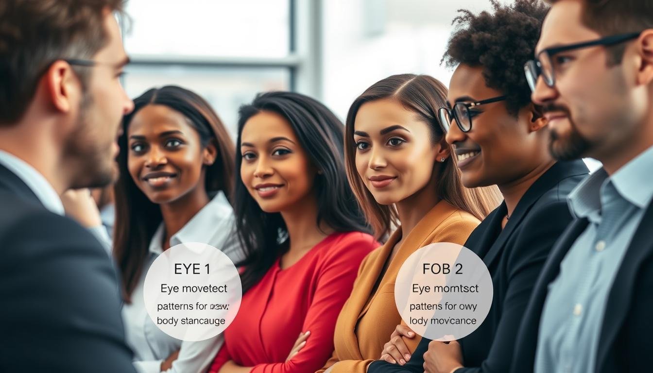 A person demonstrating eye reading techniques while analyzing body language cues