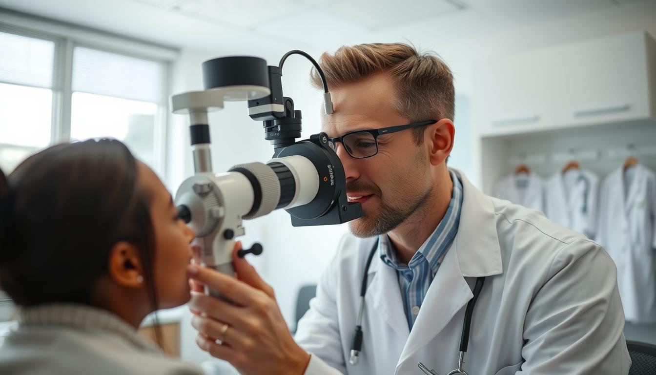 A professional Iridologist examining a client's iris with specialized equipment