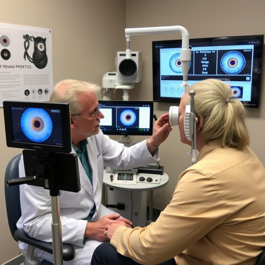 Active iridology consultation with practitioner explaining findings