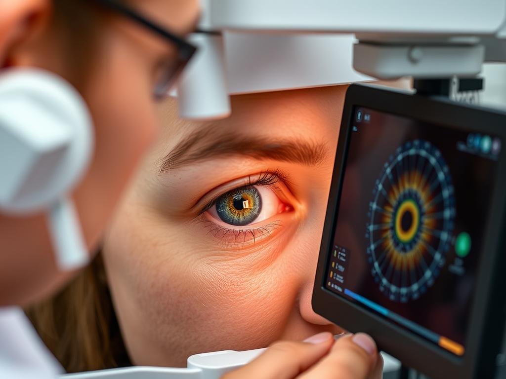 Advanced iridology specialist using digital technology to analyze subtle iris patterns